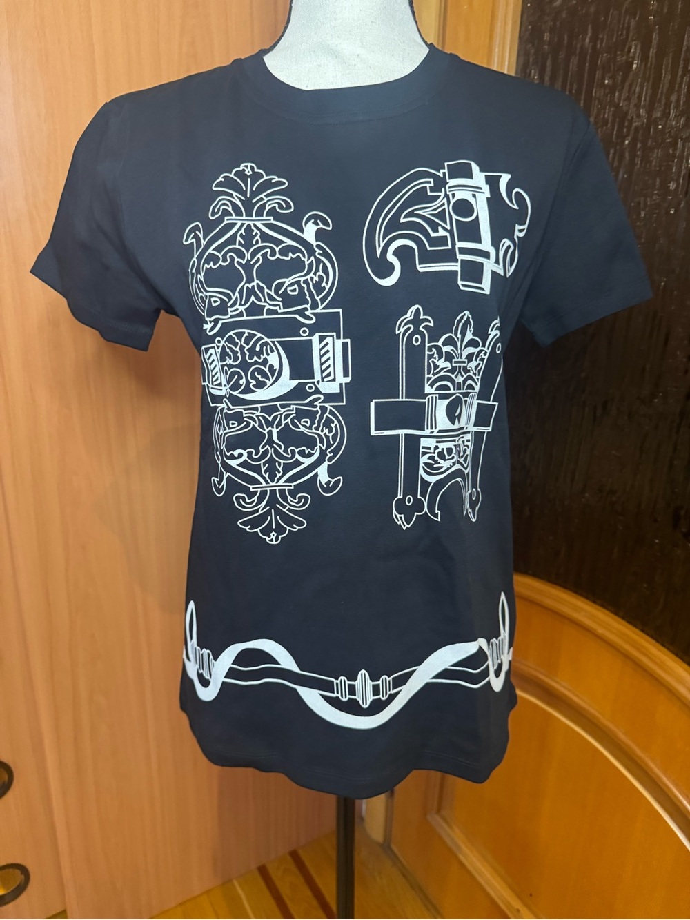 Black Graphic Tee with White Ornate Print
